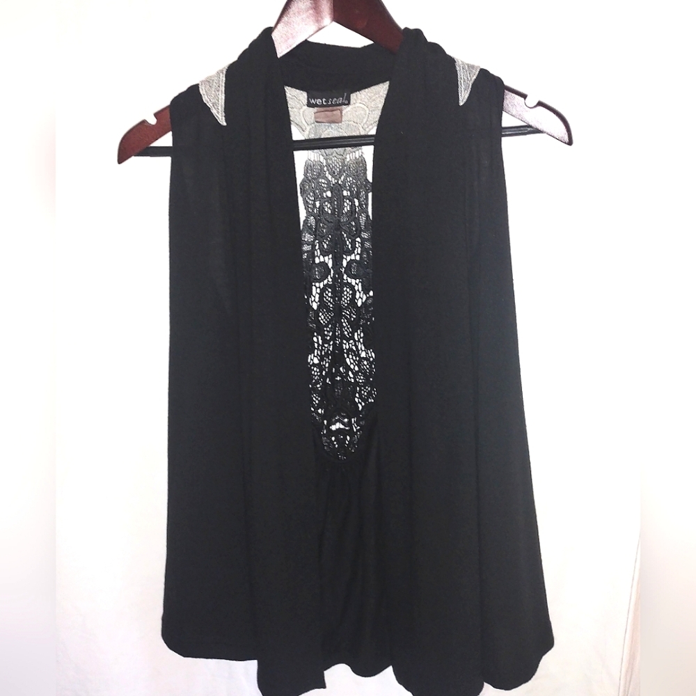 Wet Seal Vintage Open Front Vest With Lace Style Design on Back